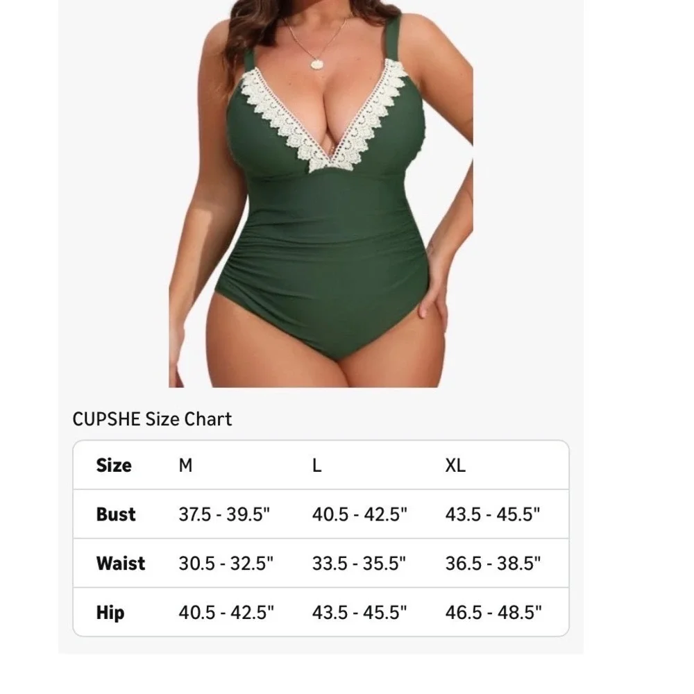 Cupshe Olive Green Ruched Lace Trim Plunging Neck OnePiece Swimsuit, Size M, NWT